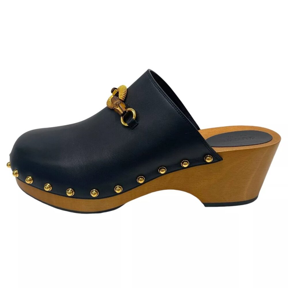 Gucci Black Leather Wood-Effect Clog with Gold Hardware
